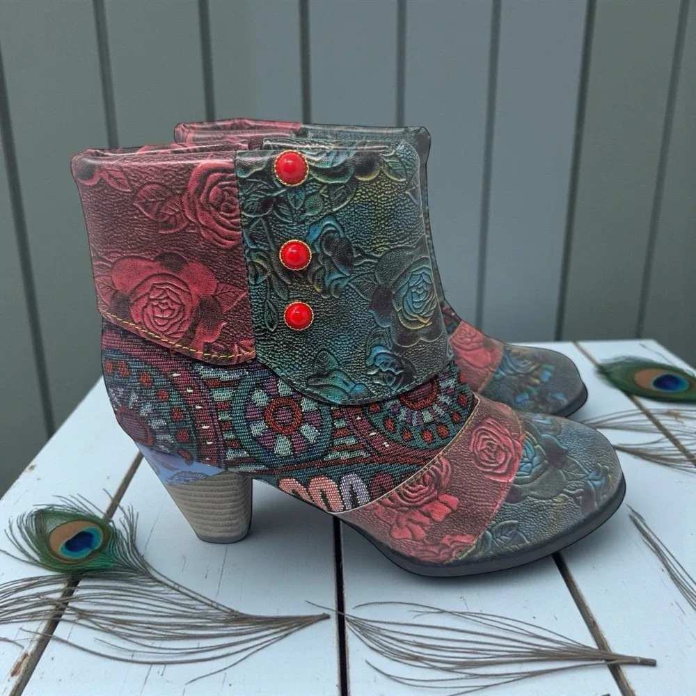 💙Boho🤑‎ Patchwork Ankle Boots Cottagecore Floral Tapestry chunky Heel Fairy 38